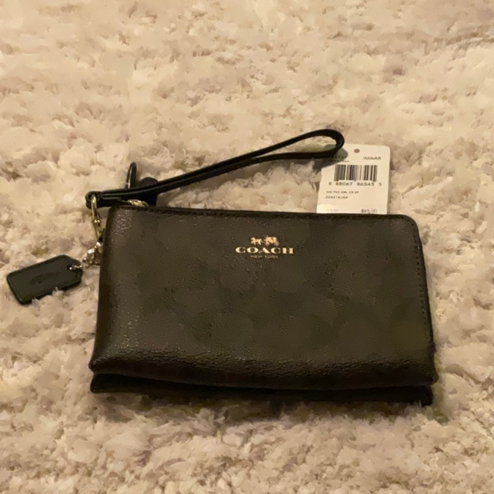 Coach Dark Leather Wristlet Double zipper